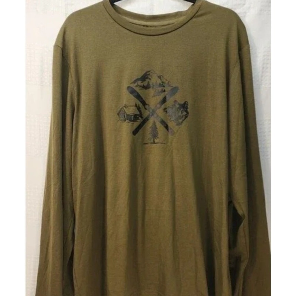 Cuddl Duds Mens XL Long Sleeve Shirt Army Green Graphic Skis Soft Stretch 521